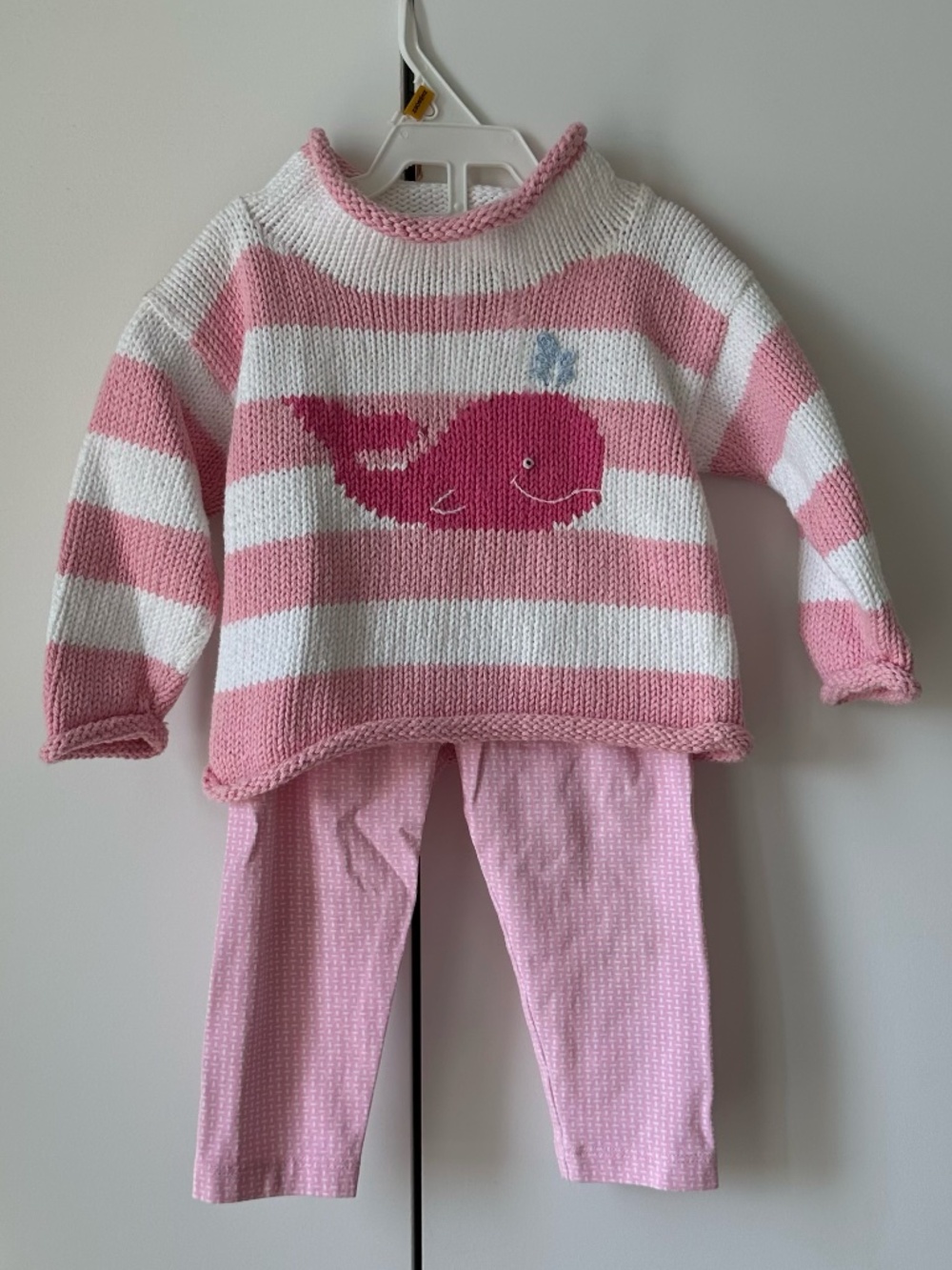 Chatham T Co Pink Stripe Knit Whale Sweater & Baby Luigi Pants Set 12M
